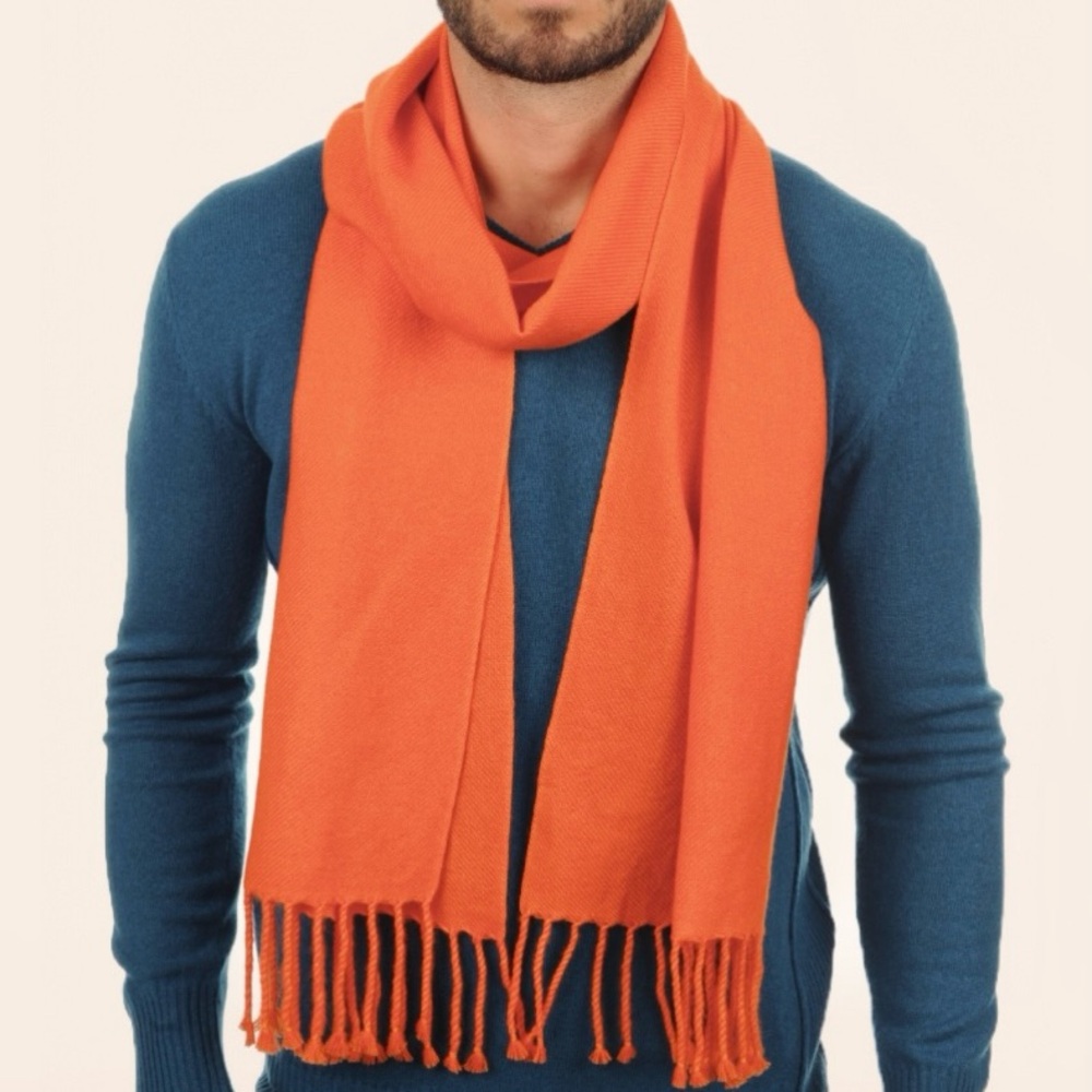 Men’s Pure 100% Scottish Cashmere Scarf Hermes Orange Muffler NEW